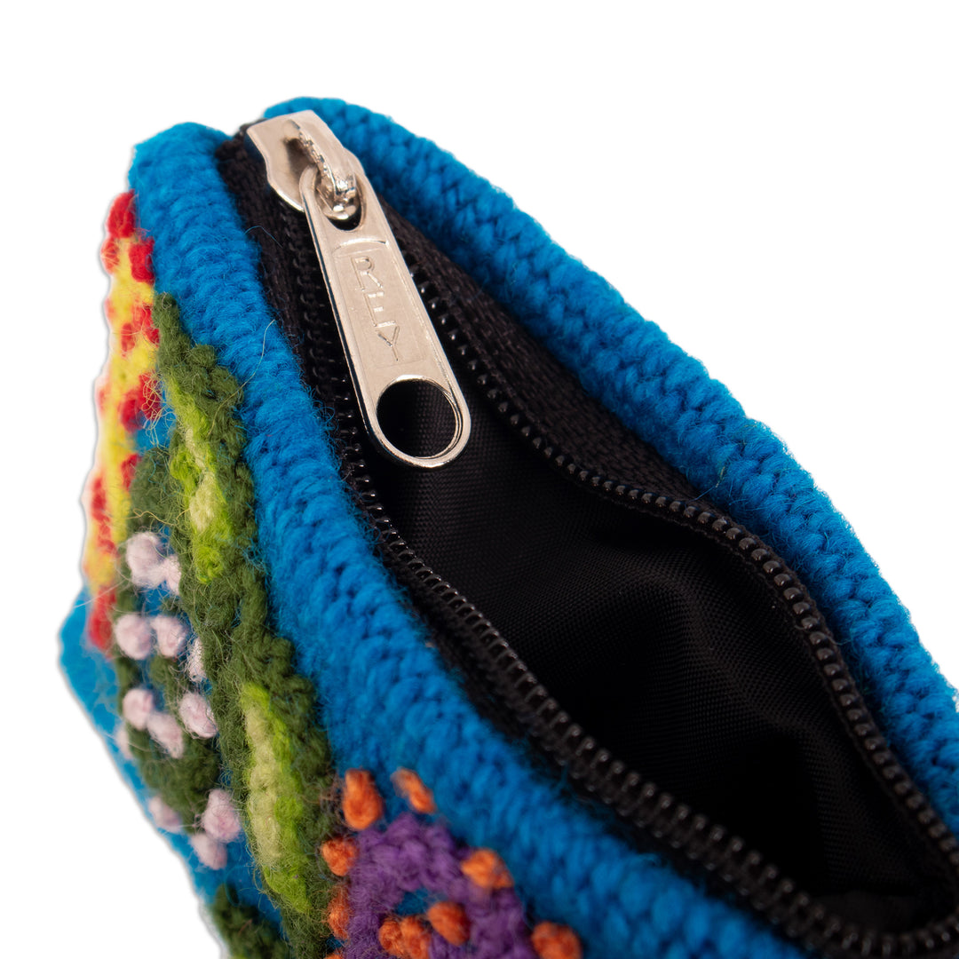 Handcrafted Leaf-Themed Blue Wool Coin Purse from Peru - Eden Blue