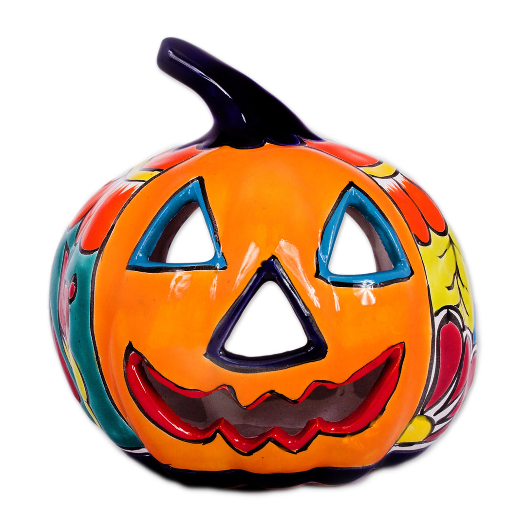 Ceramic Jack-O-Lantern Candle Holder from Mexico - Floral Halloween
