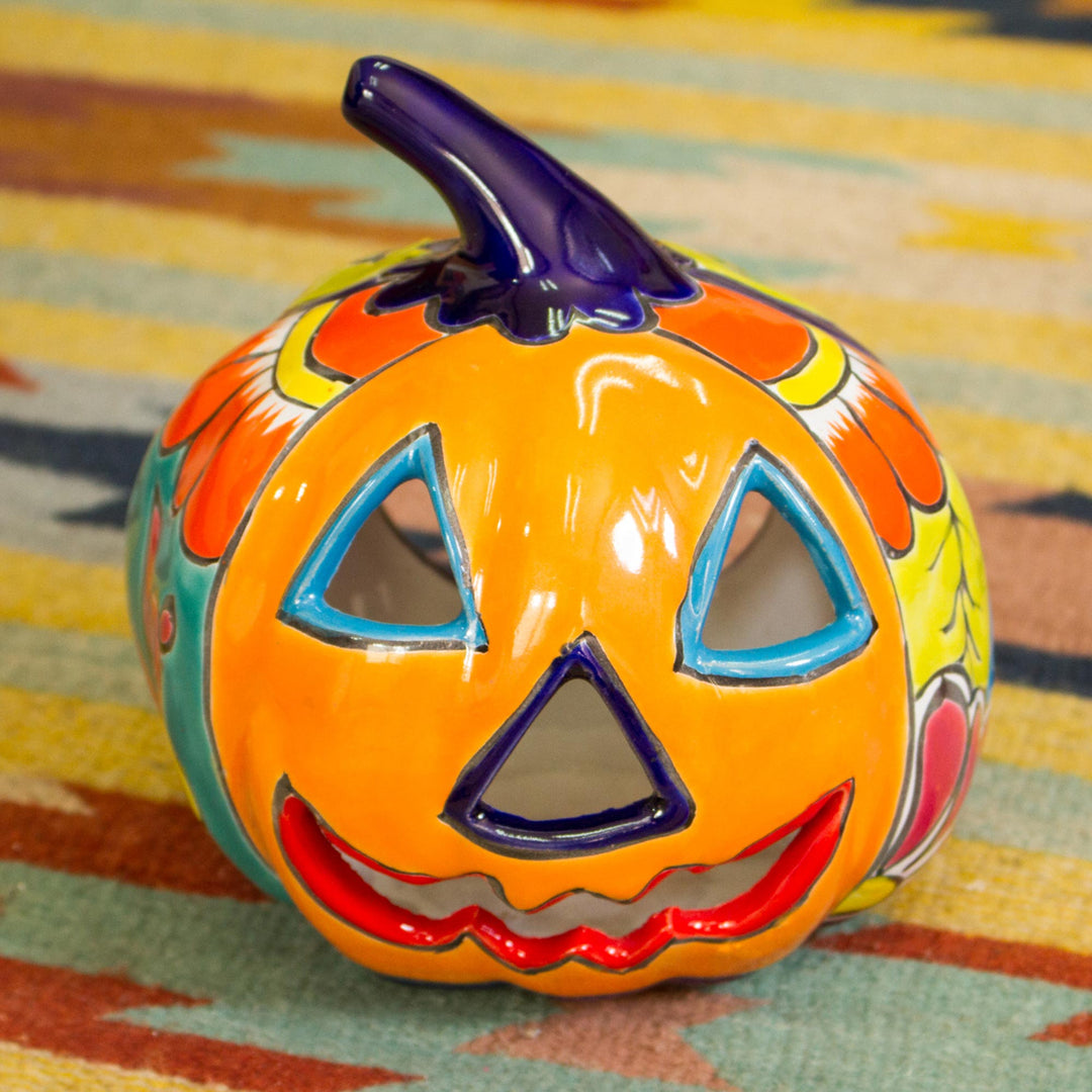 Ceramic Jack-O-Lantern Candle Holder from Mexico - Floral Halloween