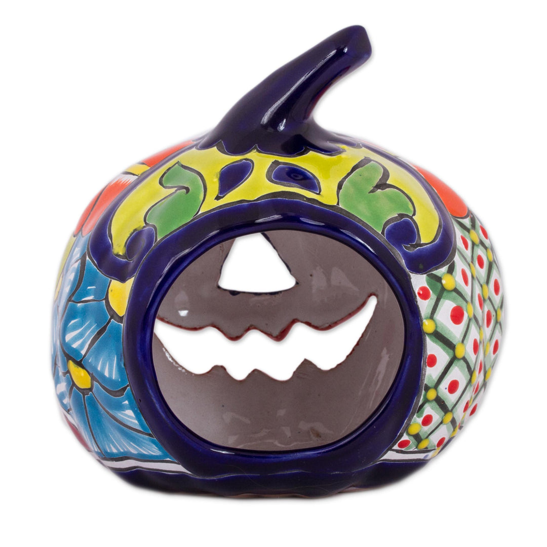 Ceramic Jack-O-Lantern Candle Holder from Mexico - Floral Halloween