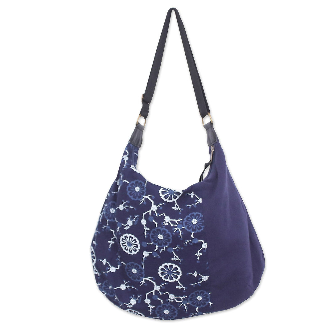 Floral Leather-Accented Adjustable Navy Cotton Shoulder Bag - Blossoming Navy