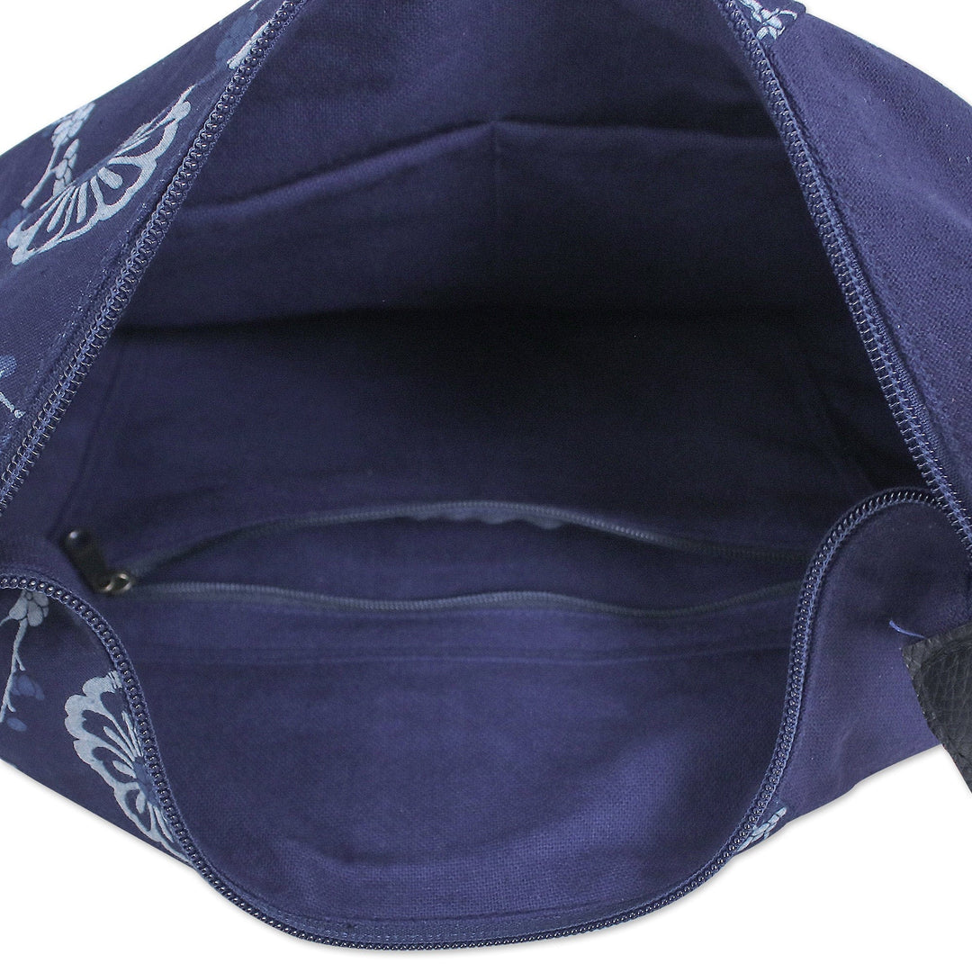 Floral Leather-Accented Adjustable Navy Cotton Shoulder Bag - Blossoming Navy