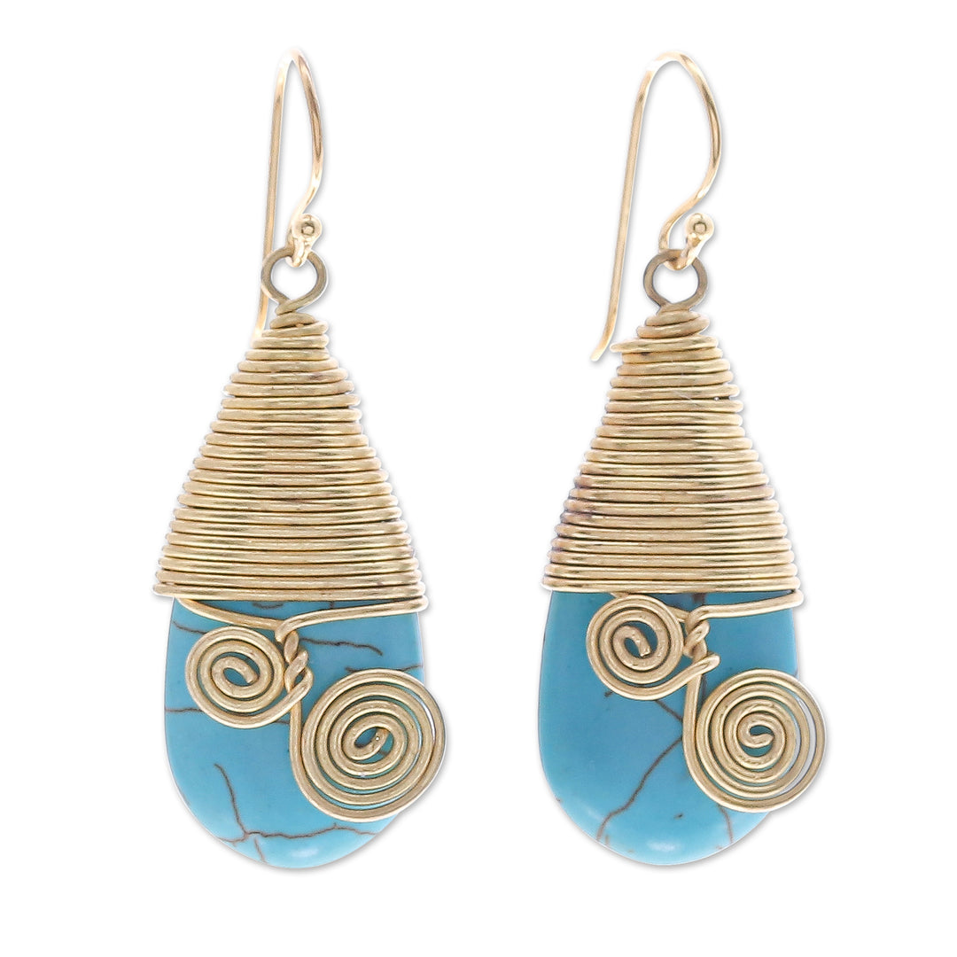 Polished Brass Dangle Earrings with Light Blue Magnesite - Peaceful Swirls