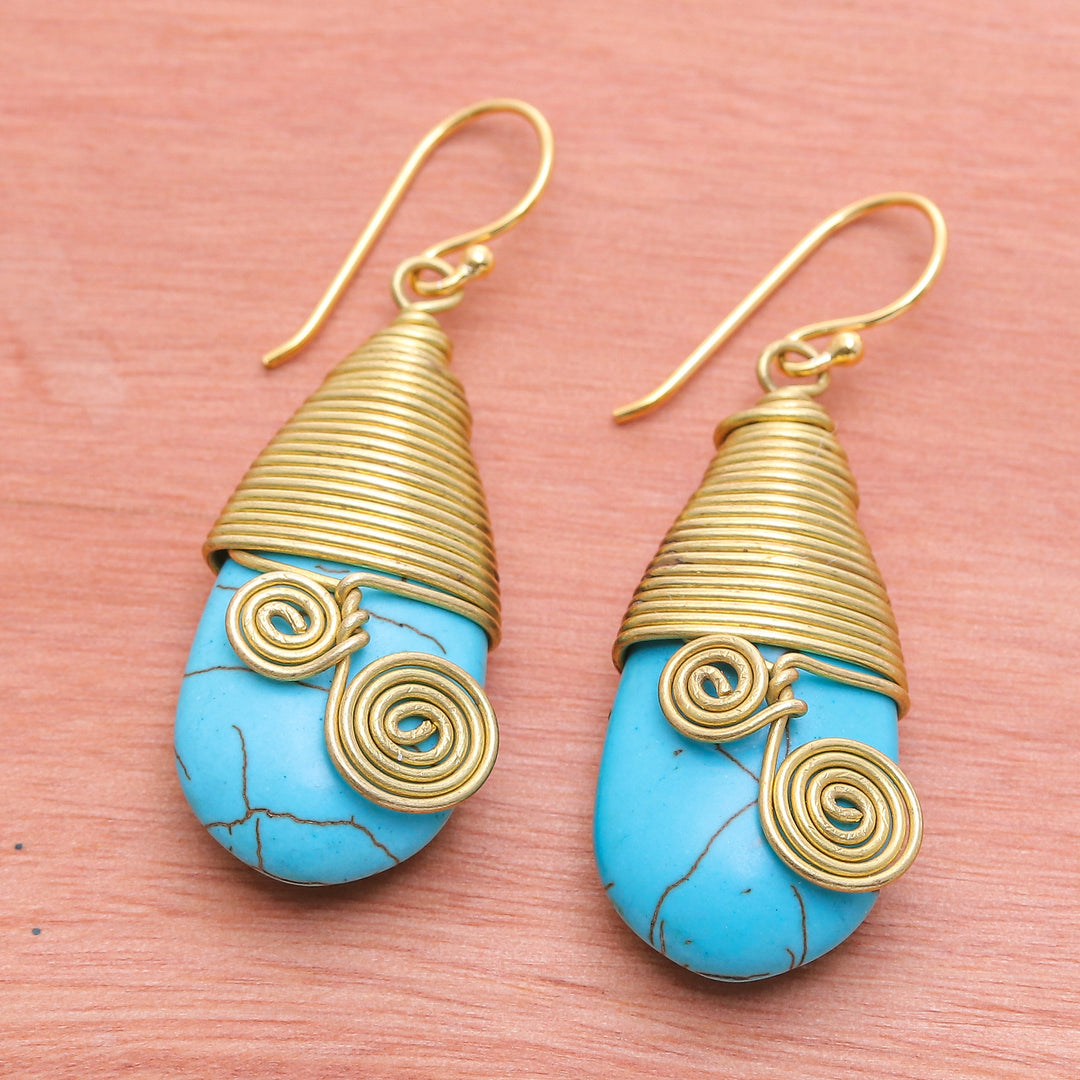 Polished Brass Dangle Earrings with Light Blue Magnesite - Peaceful Swirls