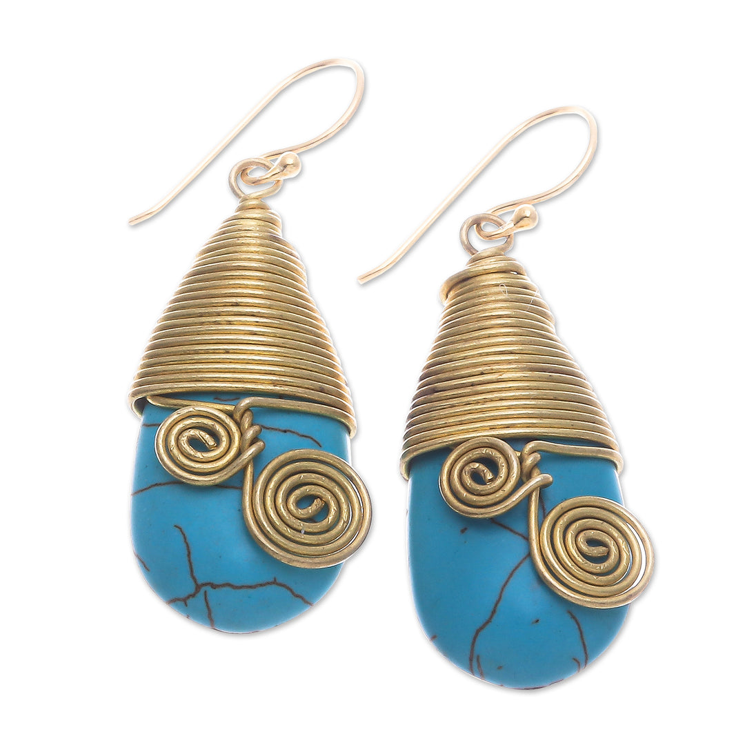 Polished Brass Dangle Earrings with Light Blue Magnesite - Peaceful Swirls