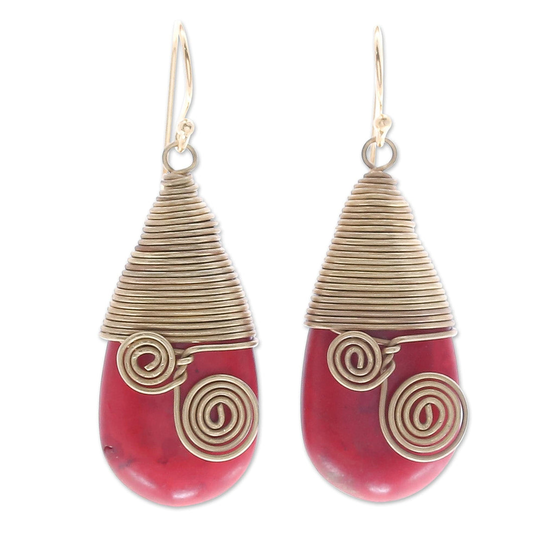 Polished Brass Dangle Earrings with Red Magnesite Jewels - Passionate Swirls