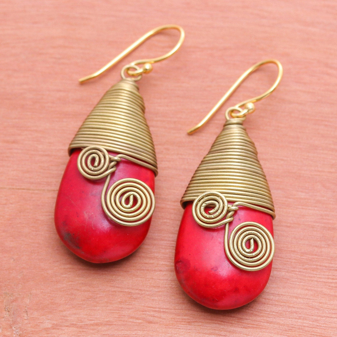 Polished Brass Dangle Earrings with Red Magnesite Jewels - Passionate Swirls