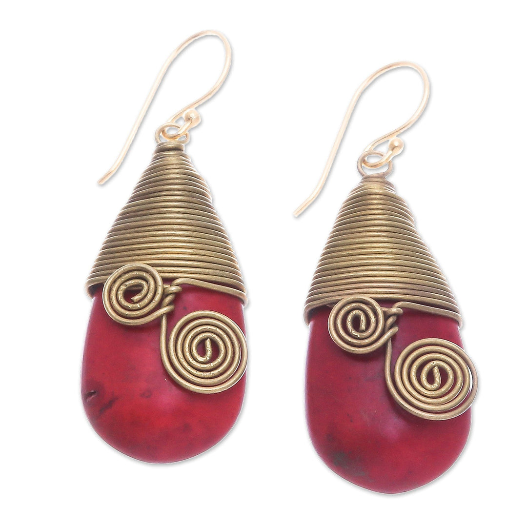 Polished Brass Dangle Earrings with Red Magnesite Jewels - Passionate Swirls