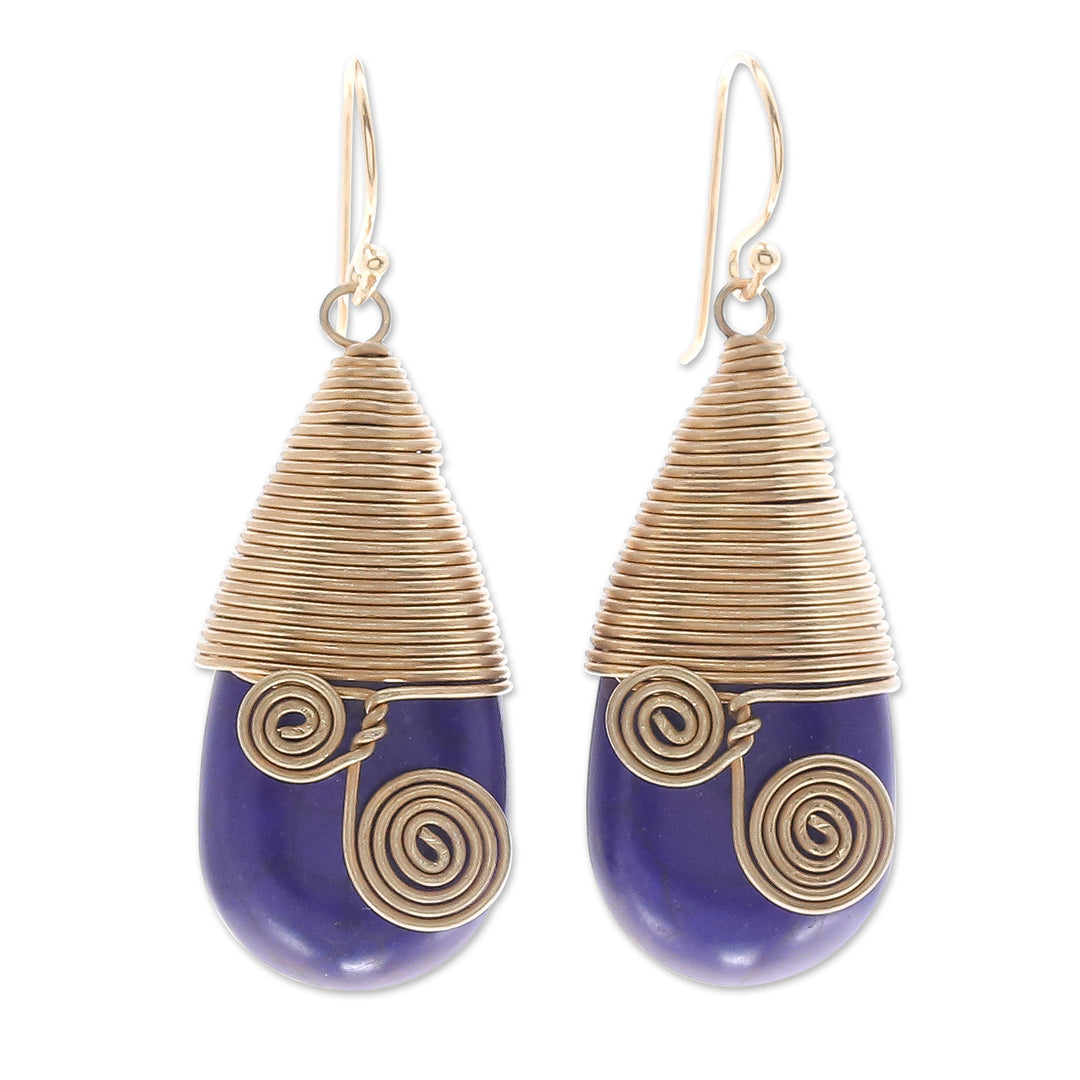 Polished Brass Dangle Earrings with Blue Magnesite Jewels - Intuitive Swirls