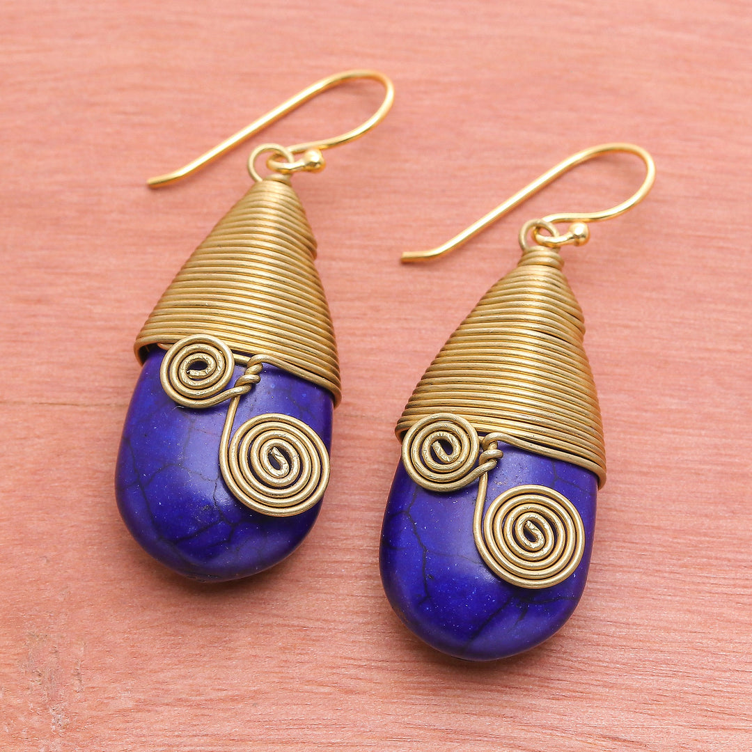 Polished Brass Dangle Earrings with Blue Magnesite Jewels - Intuitive Swirls