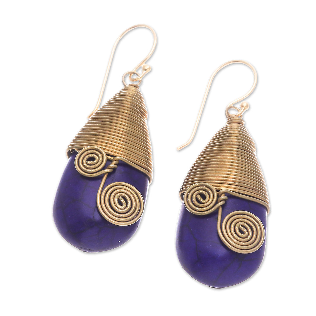 Polished Brass Dangle Earrings with Blue Magnesite Jewels - Intuitive Swirls