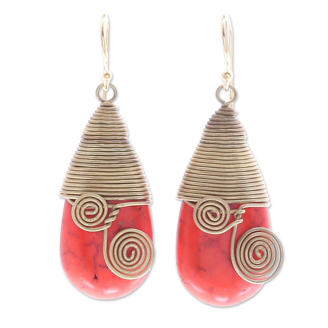 Polished Brass Dangle Earrings with Orange Magnesite Jewels - Joyous Swirls