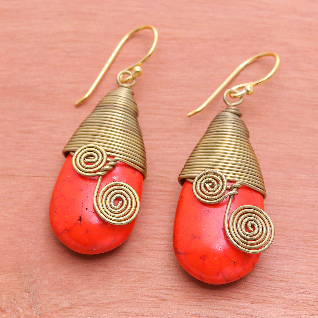 Polished Brass Dangle Earrings with Orange Magnesite Jewels - Joyous Swirls
