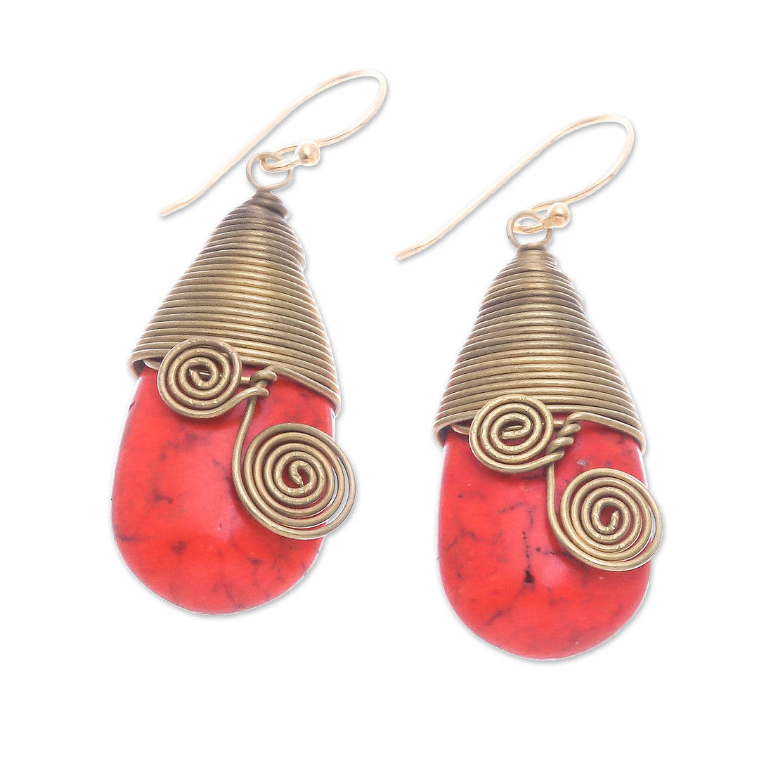 Polished Brass Dangle Earrings with Orange Magnesite Jewels - Joyous Swirls