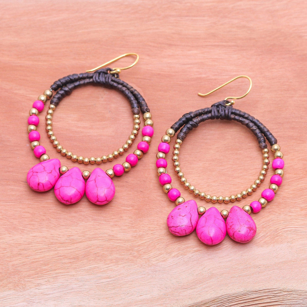 Brass and Pink Magnesite Beaded Dangle Earrings - The Pink Tiara