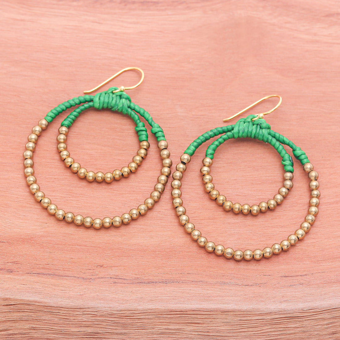Polished Brass Beaded Dangle Earrings in Green - My Vital Aura