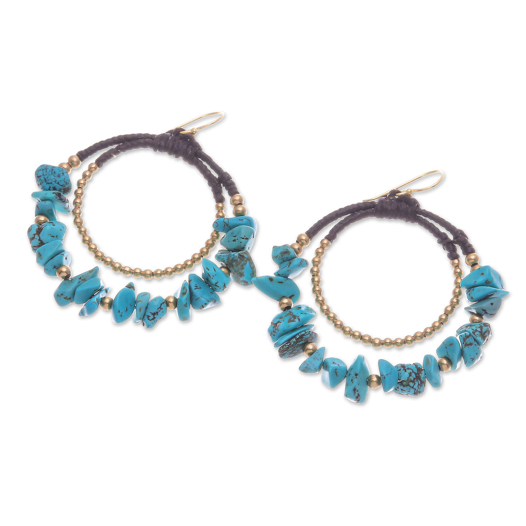 Polished Brass and Blue Magnesite Beaded Dangle Earrings - Peaceful Goddess