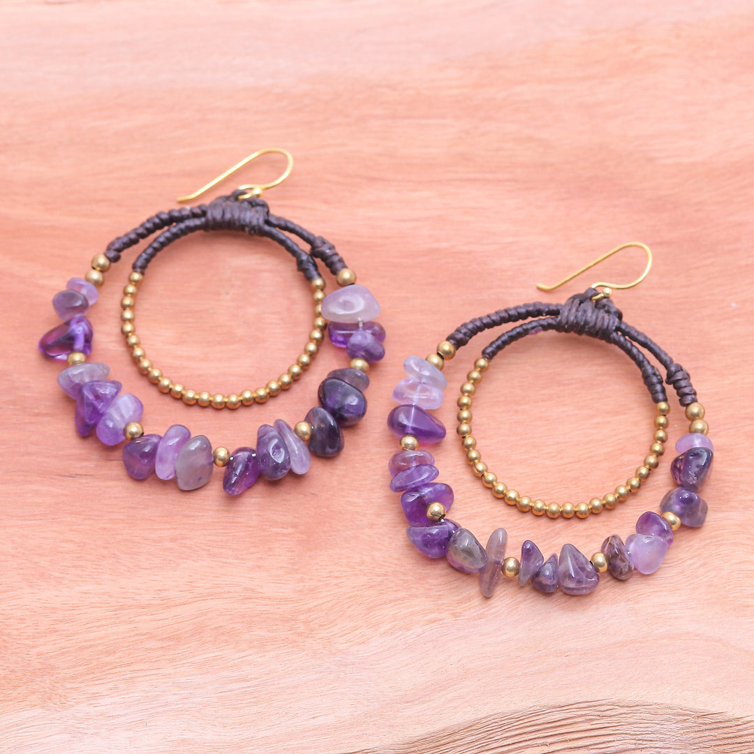 Polished Brass and Amethyst Beaded Dangle Earrings - Wise Goddess