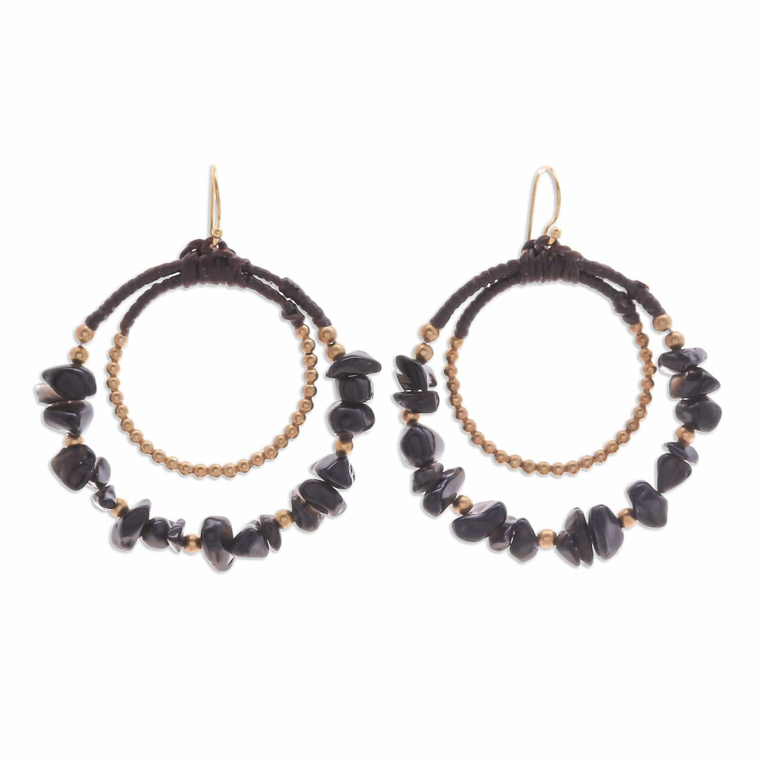 Polished Brass and Black Magnesite Beaded Dangle Earrings - Shadow Goddess