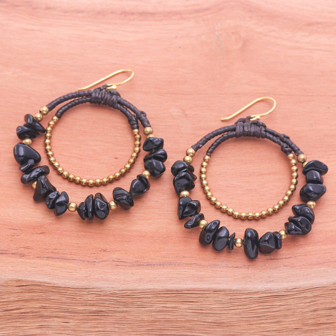 Polished Brass and Black Magnesite Beaded Dangle Earrings - Shadow Goddess