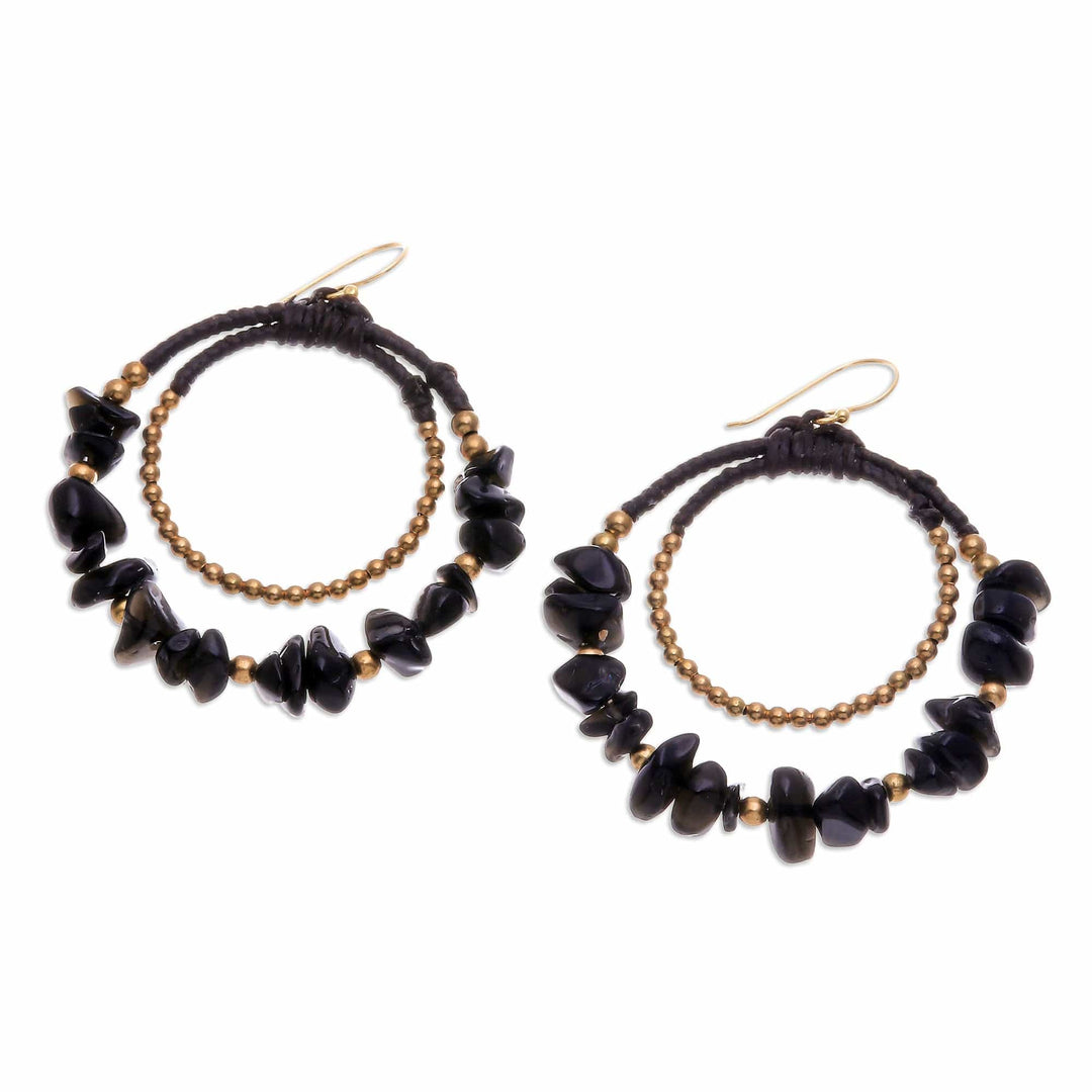 Polished Brass and Black Magnesite Beaded Dangle Earrings - Shadow Goddess