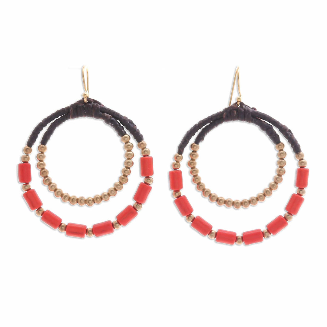 Orange Magnesite & Brass Beaded Double Hoop Dangle Earrings - Tangerine Glam