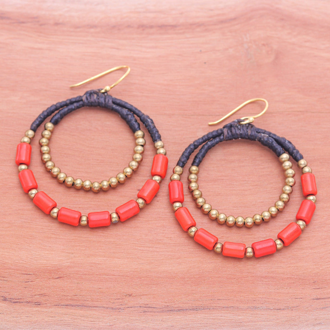 Orange Magnesite & Brass Beaded Double Hoop Dangle Earrings - Tangerine Glam