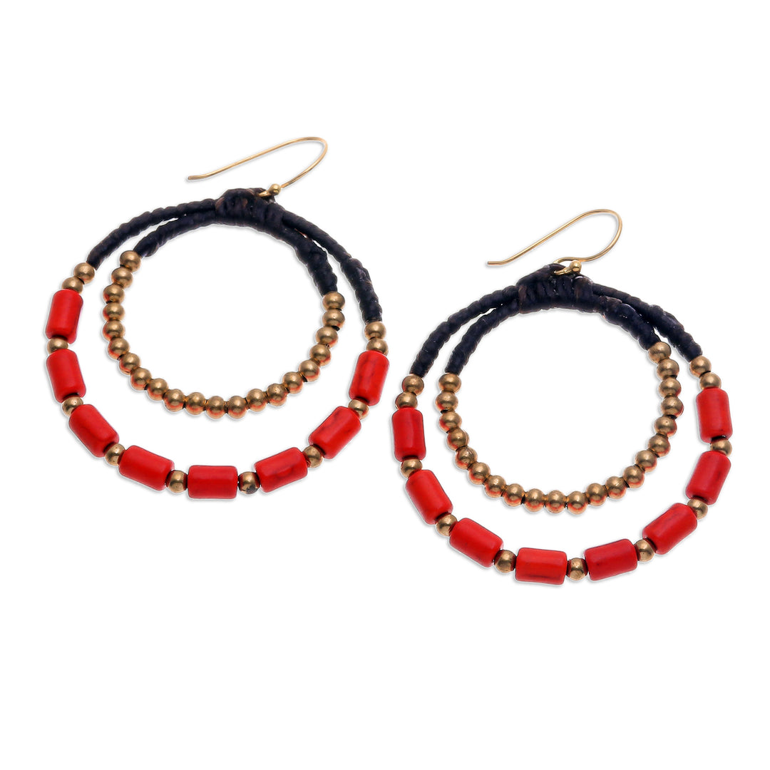 Orange Magnesite & Brass Beaded Double Hoop Dangle Earrings - Tangerine Glam