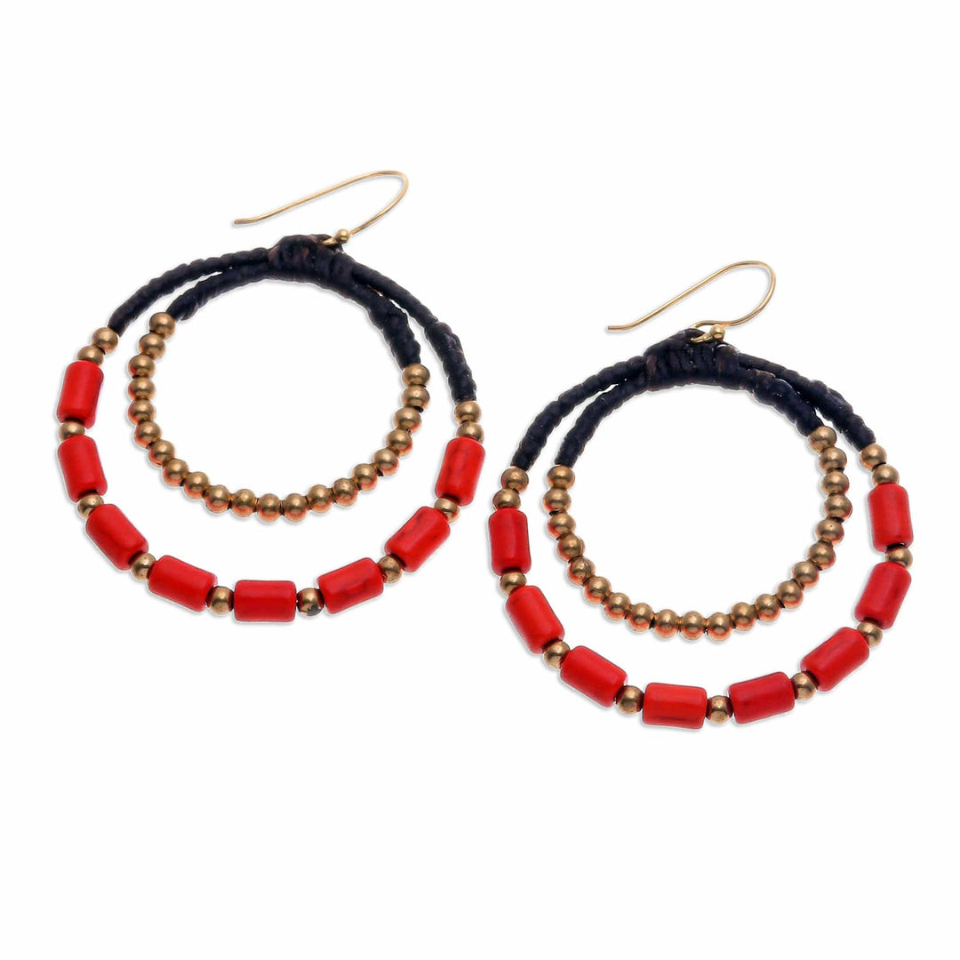 Orange Magnesite & Brass Beaded Double Hoop Dangle Earrings - Tangerine Glam
