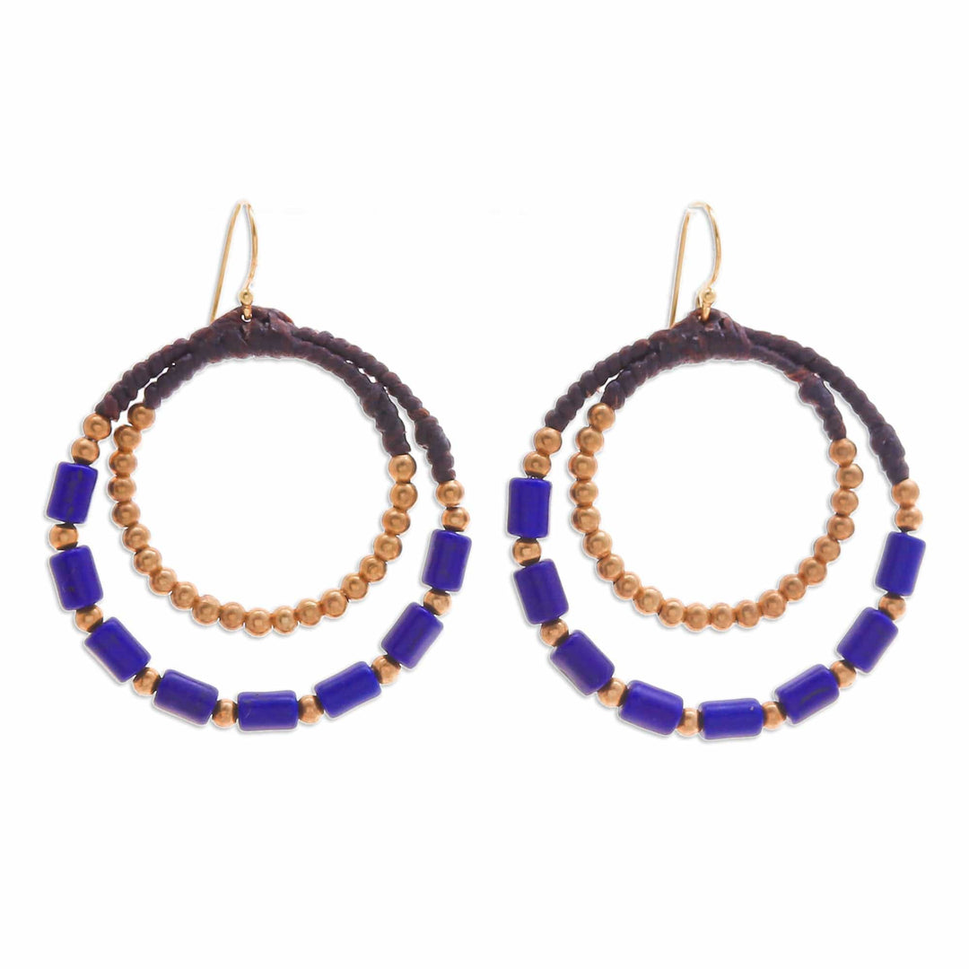 Blue Magnesite & Brass Beaded Double Hoop Dangle Earrings - Indigo Glam