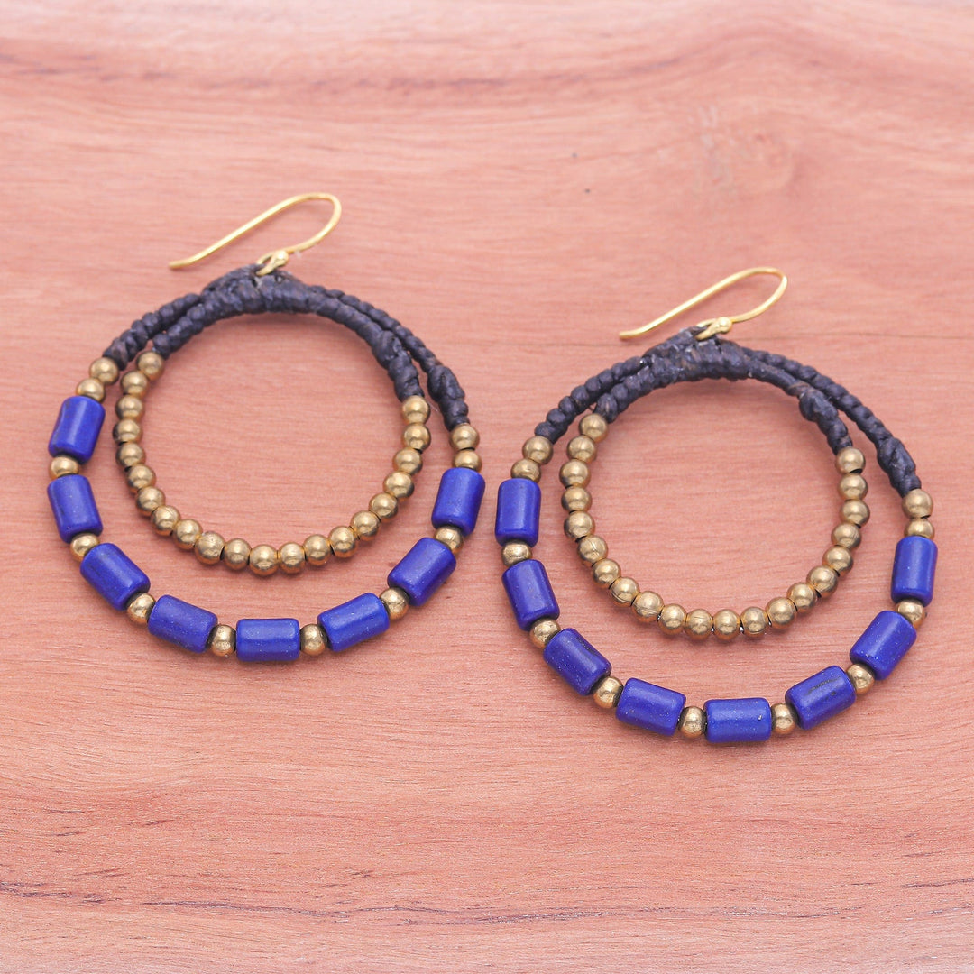 Blue Magnesite & Brass Beaded Double Hoop Dangle Earrings - Indigo Glam