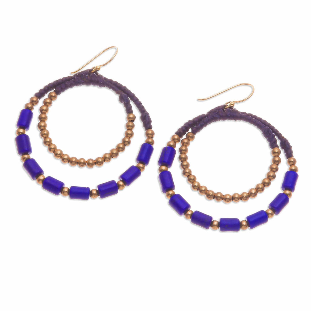Blue Magnesite & Brass Beaded Double Hoop Dangle Earrings - Indigo Glam