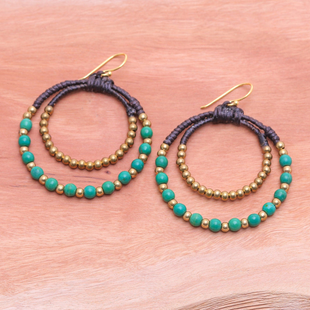 Magnesite and Brass Beaded Double Hoop Dangle Earrings - Sea Green Glam