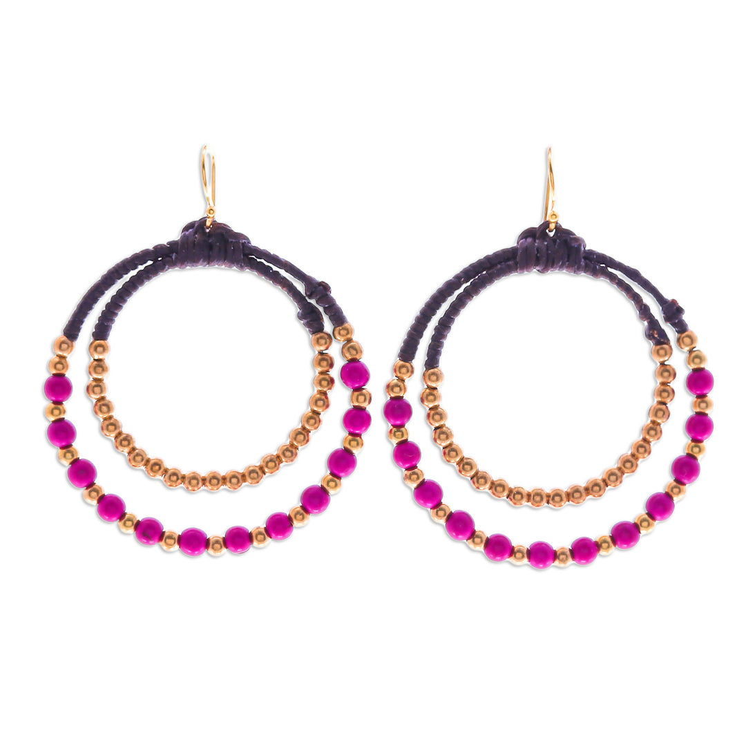 Purple Magnesite & Brass Beaded Double Hoop Dangle Earrings - Magenta Glam