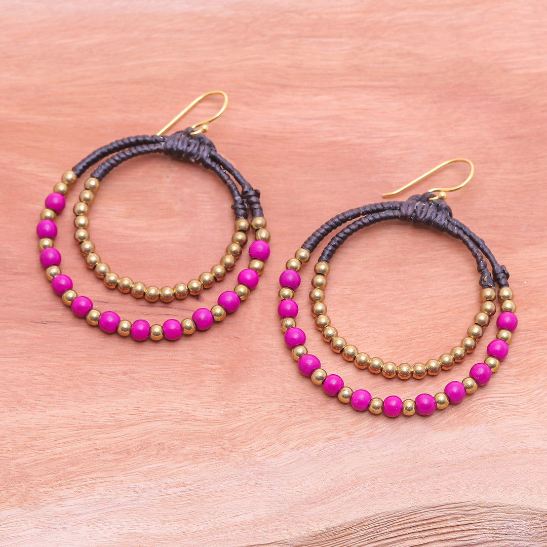 Purple Magnesite & Brass Beaded Double Hoop Dangle Earrings - Magenta Glam