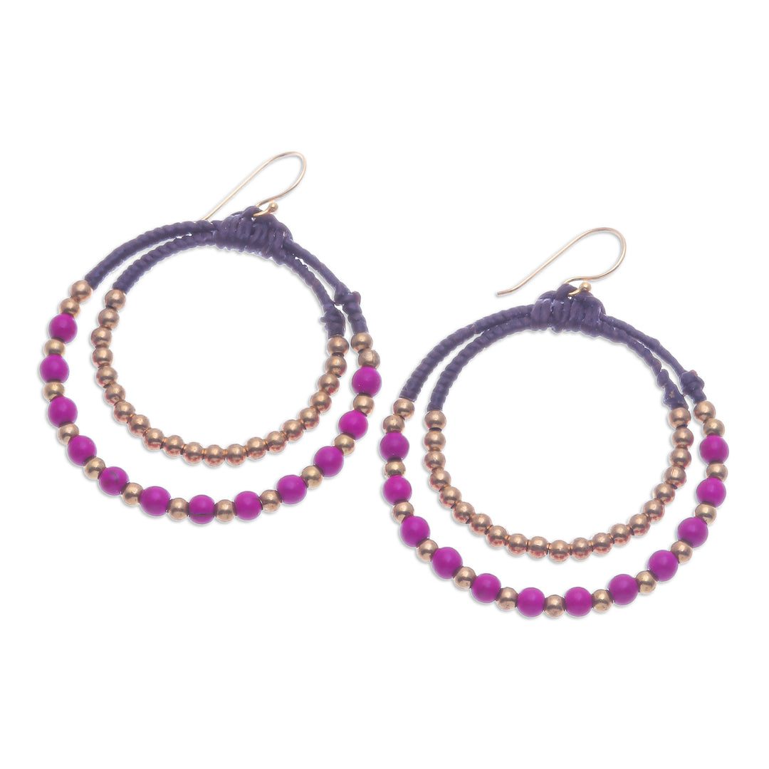Purple Magnesite & Brass Beaded Double Hoop Dangle Earrings - Magenta Glam