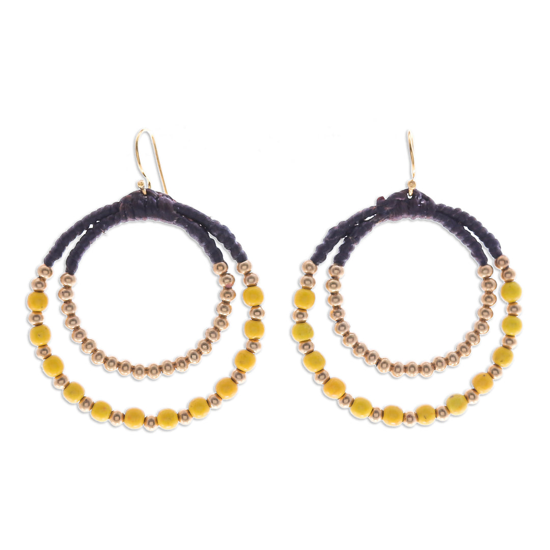 Yellow Magnesite & Brass Beaded Double Hoop Dangle Earrings - Yellow Glam