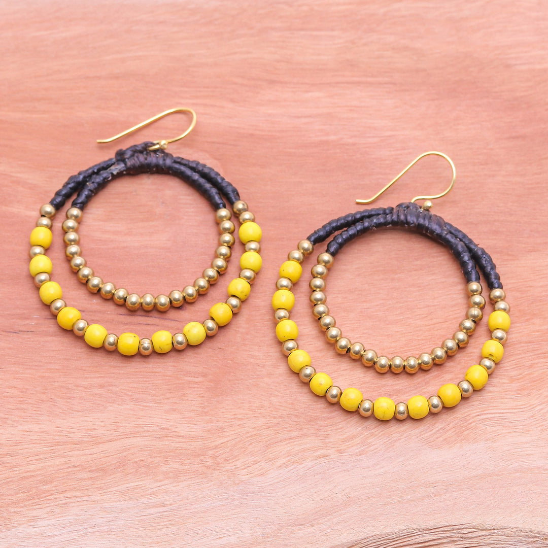 Yellow Magnesite & Brass Beaded Double Hoop Dangle Earrings - Yellow Glam