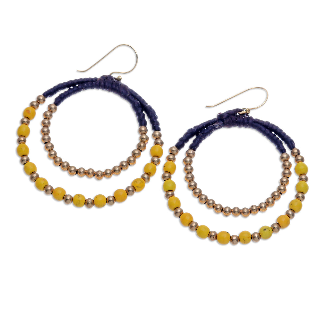 Yellow Magnesite & Brass Beaded Double Hoop Dangle Earrings - Yellow Glam