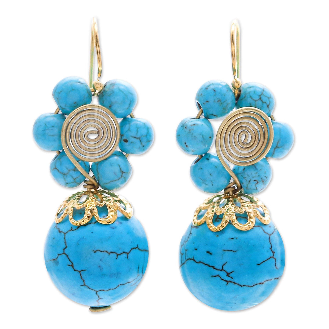 Magnesite Beaded Floral Dangle Earrings with Brass Spirals - Cyan Bloom