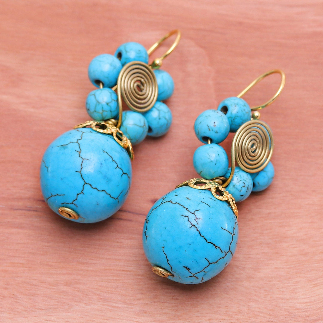 Magnesite Beaded Floral Dangle Earrings with Brass Spirals - Cyan Bloom