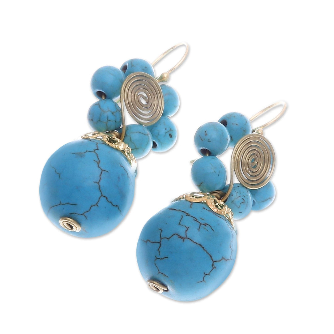 Magnesite Beaded Floral Dangle Earrings with Brass Spirals - Cyan Bloom