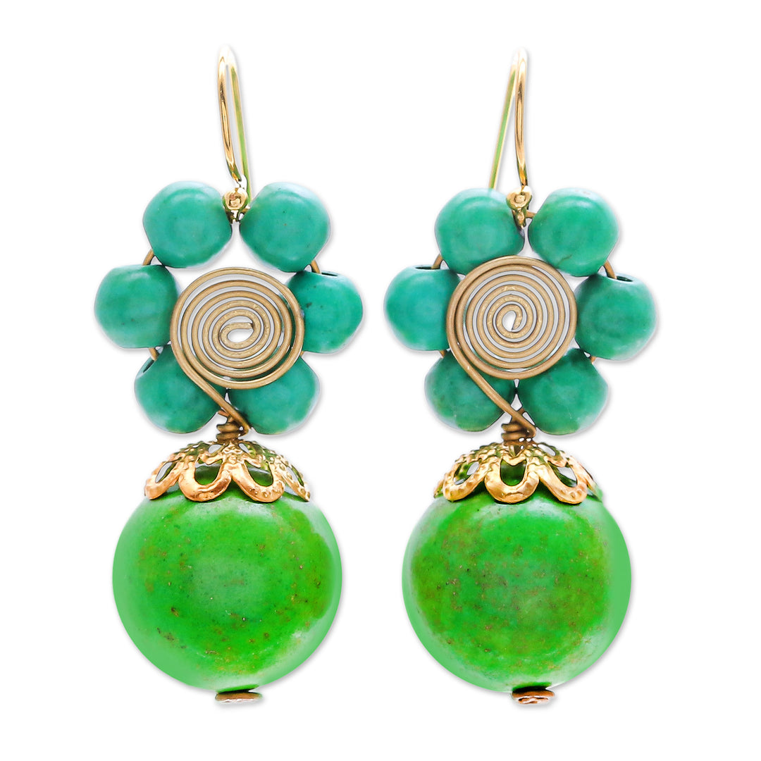 Green Magnesite Floral Dangle Earrings with Brass Spirals - Green Bloom