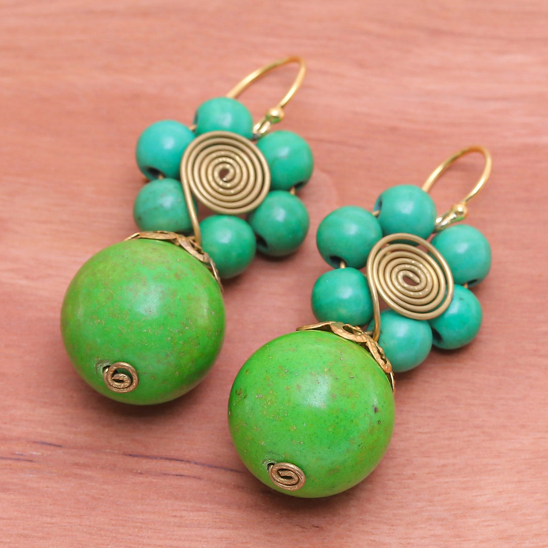 Green Magnesite Floral Dangle Earrings with Brass Spirals - Green Bloom