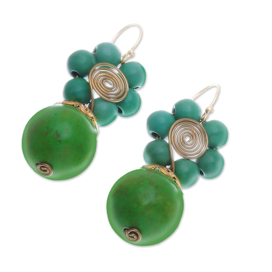 Green Magnesite Floral Dangle Earrings with Brass Spirals - Green Bloom