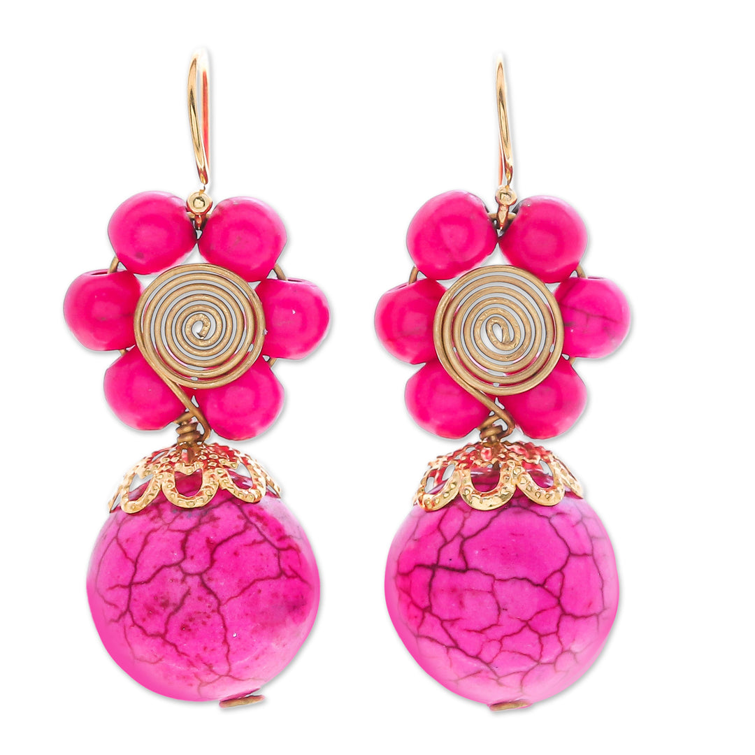 Pink Magnesite Floral Dangle Earrings with Brass Spirals - Hot Pink Bloom
