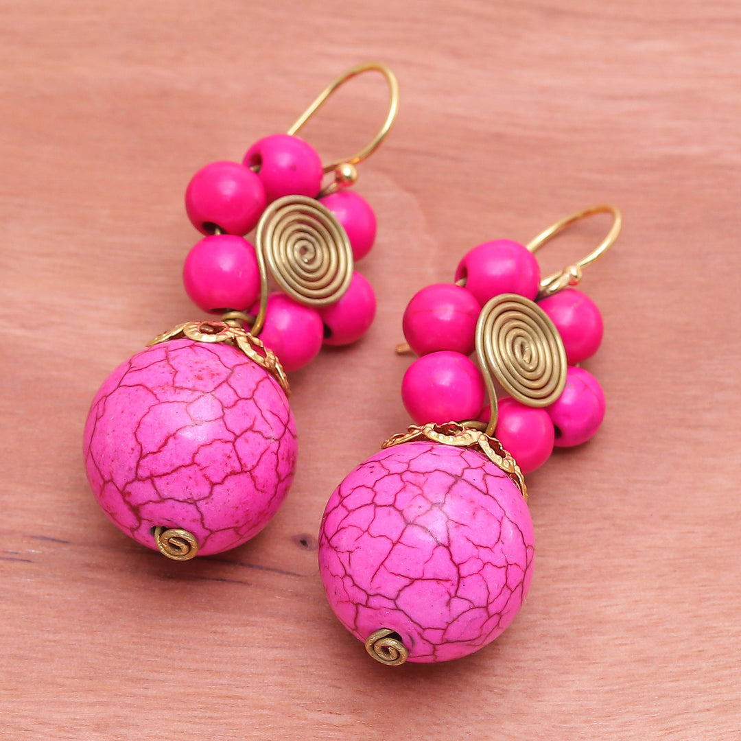 Pink Magnesite Floral Dangle Earrings with Brass Spirals - Hot Pink Bloom