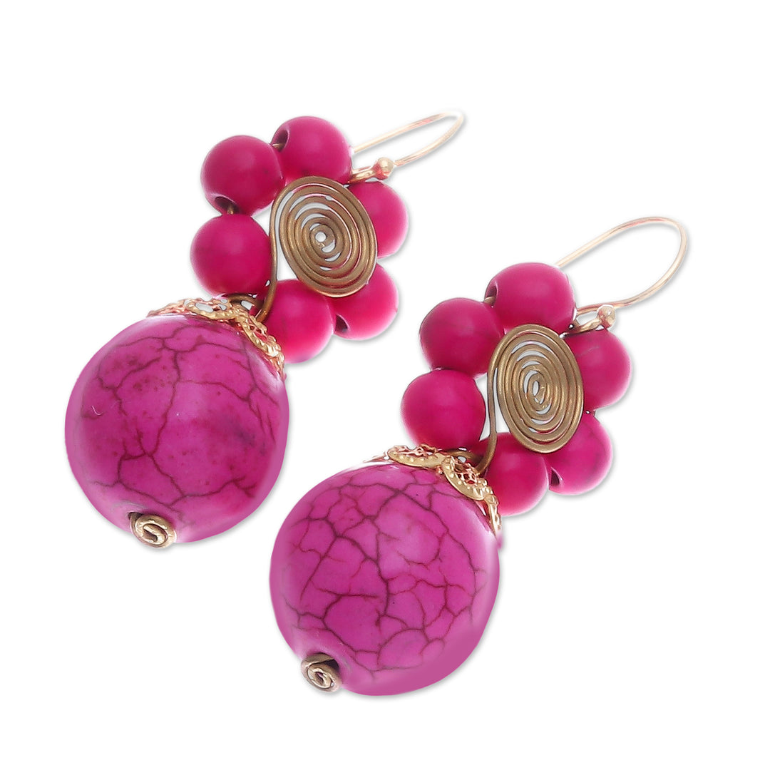 Pink Magnesite Floral Dangle Earrings with Brass Spirals - Hot Pink Bloom