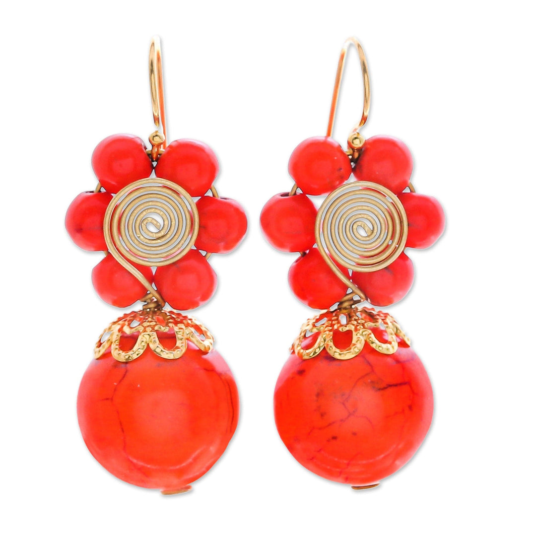 Orange Magnesite Floral Dangle Earrings with Brass Spirals - Tangerine Bloom