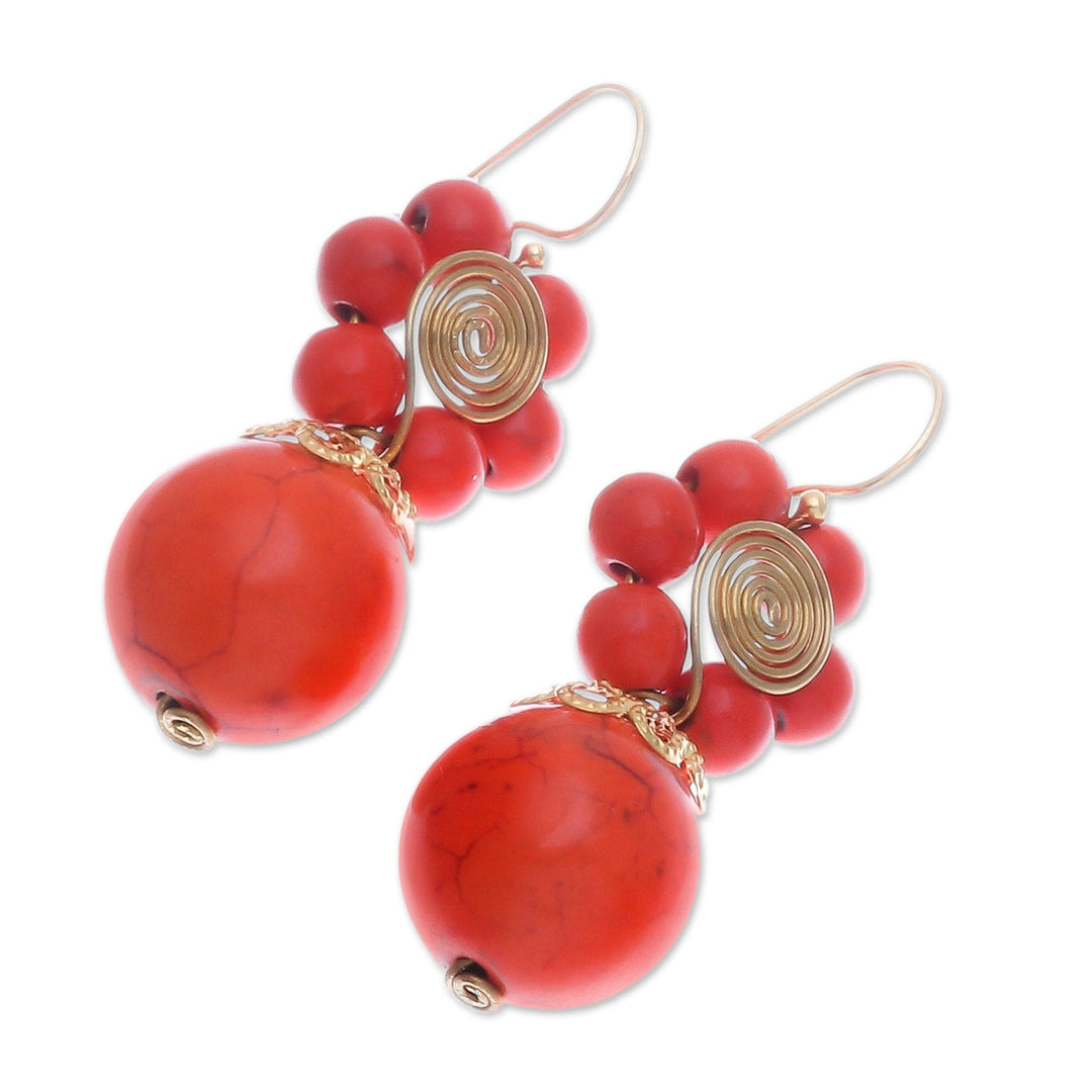Orange Magnesite Floral Dangle Earrings with Brass Spirals - Tangerine Bloom